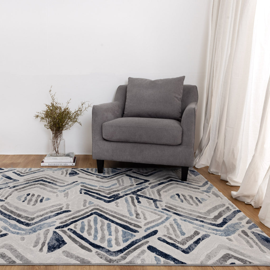 Ruby Blue Grey Diamond Rug styled with furniture