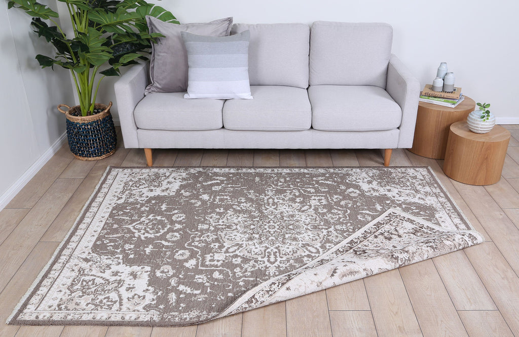 Rustic Medallion Ash Transitional Rug - 6120 BEIG styled with furniture
