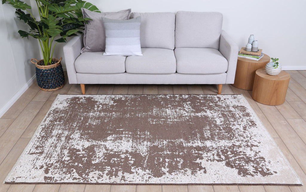 Rustic Faded Beige Abstract Rug - 6121 BEIG styled with furniture