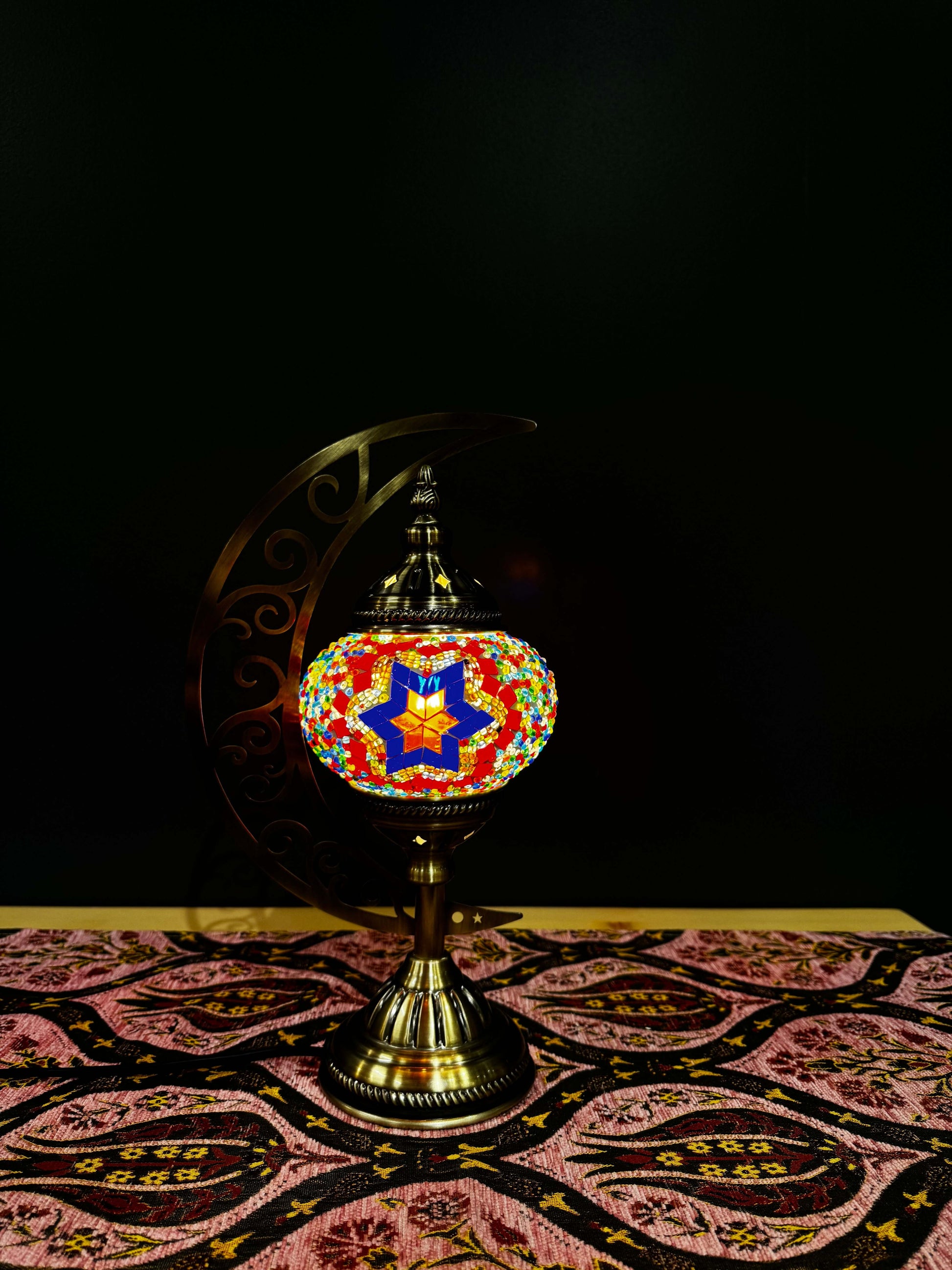 Radiant Starburst Turkish Mosaic Lamp - Crescent Moon Design-Shop the Radiant Starburst Turkish Mosaic Lamp! Features bold red, blue, and multicolored star mosaic design with a crescent moon stand. Includes LED bulb.-Bazaar G Rugs N Gifts