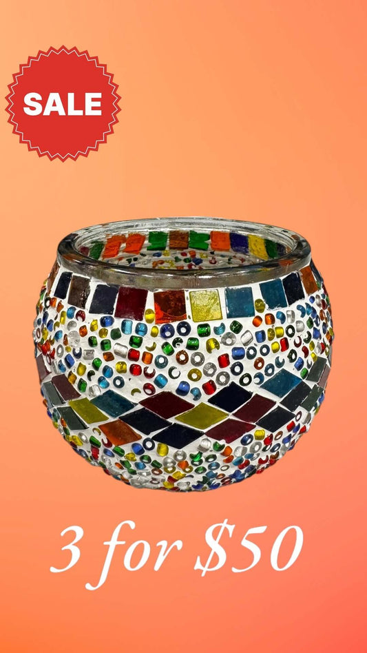 Rainbow Fiesta Mosaic Candle Holder-Add vibrant colors to your decor with the Rainbow Fiesta Mosaic Candle Holder. Bright and cheerful. Buy 3 for $50 today!-Bazaar G Rugs N Gifts