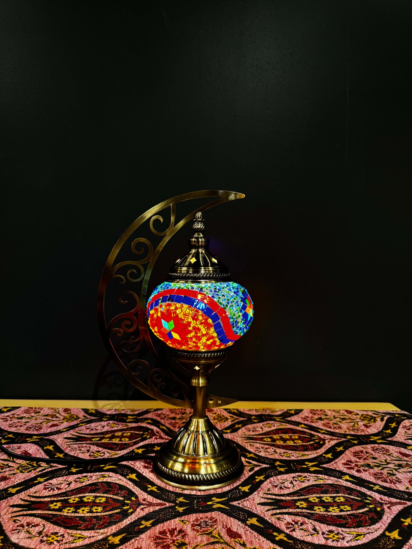 Rainbow Wave Turkish Mosaic Lamp - Crescent Moon Design-Shop the Rainbow Wave Turkish Mosaic Lamp! Features multicolored wave mosaic design with a crescent moon stand. Includes LED bulb. Perfect for decor or gifting. Buy now!-Bazaar G Rugs N Gifts