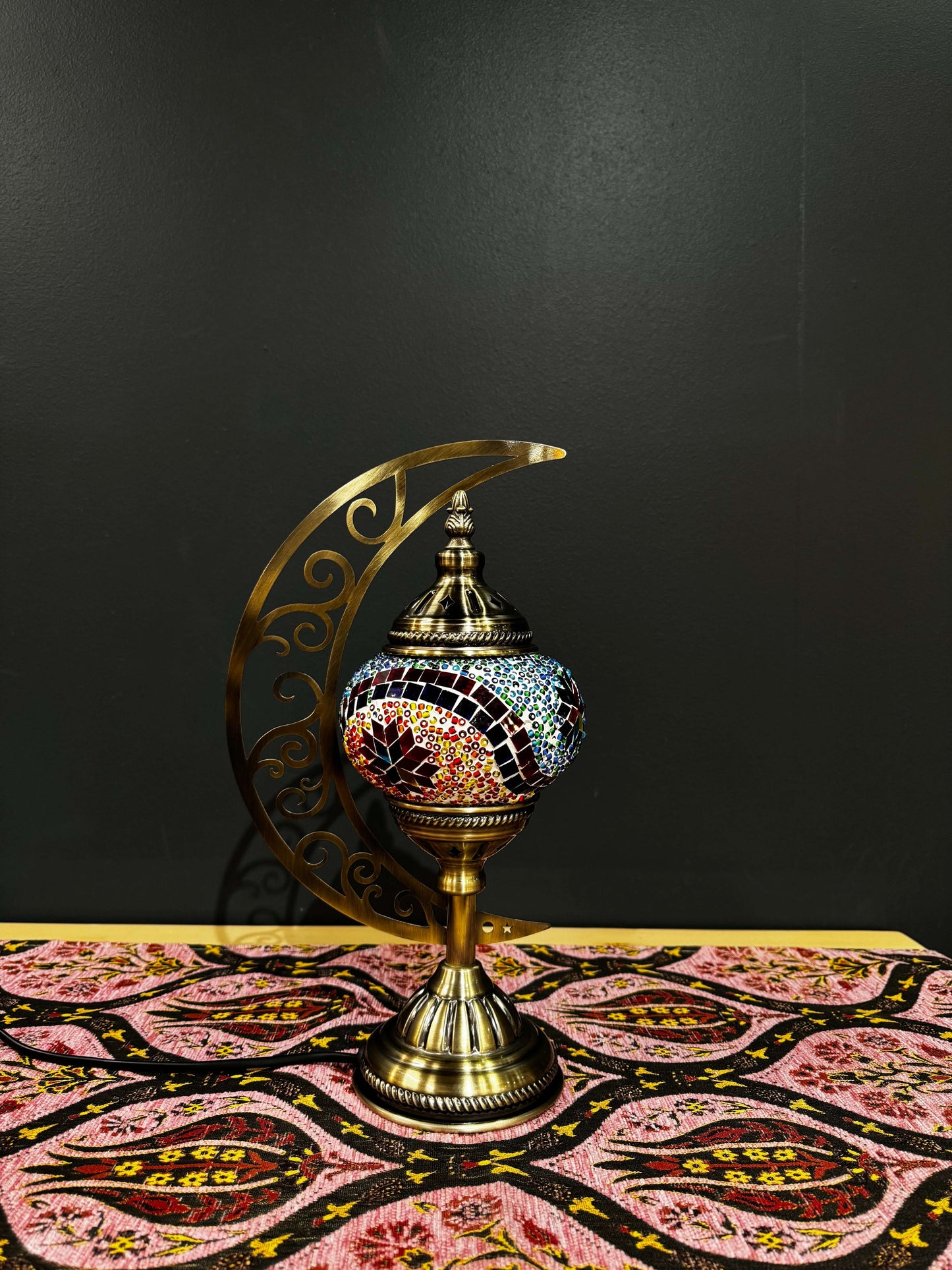 Rainbow Wave Turkish Mosaic Lamp - Crescent Moon Design-Shop the Rainbow Wave Turkish Mosaic Lamp! Features multicolored wave mosaic design with a crescent moon stand. Includes LED bulb. Perfect for decor or gifting. Buy now!-Bazaar G Rugs N Gifts