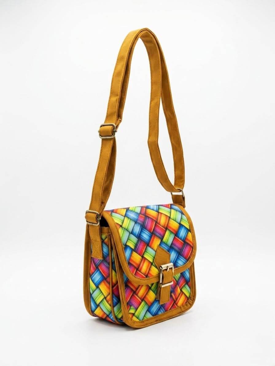 Rainbow Woven Pattern Crossbody Bag with adjustable canvas strap featuring vibrant multi-colored braided print.
