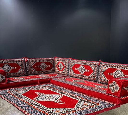 Red Palace Arabian Majlis L-Shape Sofa Set-Add elegance to your home with the Red Palace Arabian Majlis L-Shape Sofa Set. Bold red design, 100% cotton covers, extra firm sponge, and a matching rug make this set the perfect center piece for your living spa