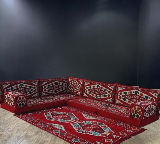 Red Royal Arabian Majlis L-Shape Sofa Set-Add regal charm to your home with the Red Royal Arabian Majlis L-Shape Sofa Set. Luxurious red design, 100% cotton covers, firm sponge, and a coordinating rug for ultimate comfort.-Bazaar G Rugs N Gifts