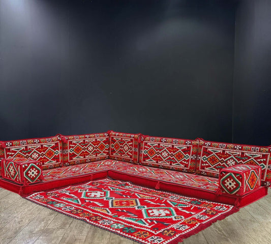 Red Serenity Arabian Majlis L-Shape Sofa Set-Elevate your space with the Red Serenity Arabian Majlis L-Shape Sofa Set. Vibrant red tones, 100% cotton covers, firm sponge, and a matching rug for luxurious comfort and style.-Bazaar G Rugs N Gifts