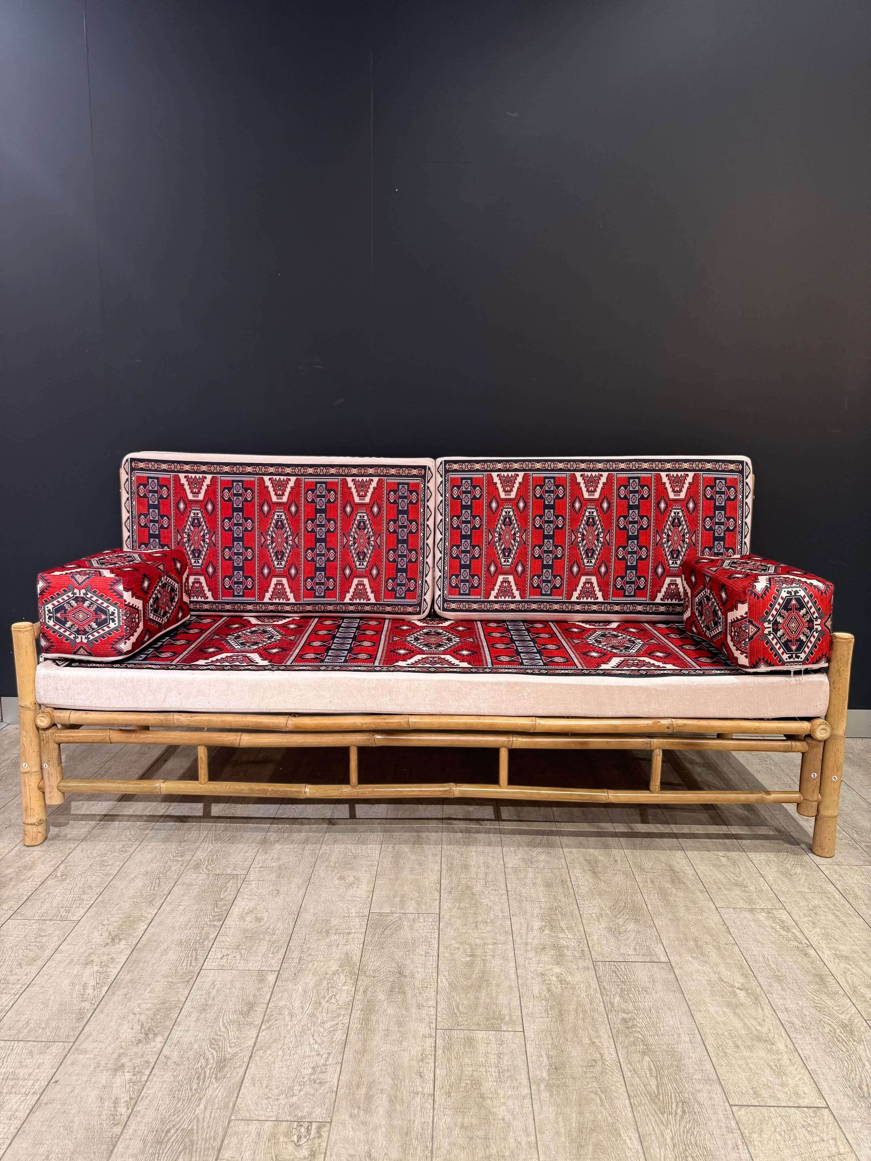 Red & White Heritage Arabic Seating Sofa | Handmade Bamboo 70x190cm Cushion