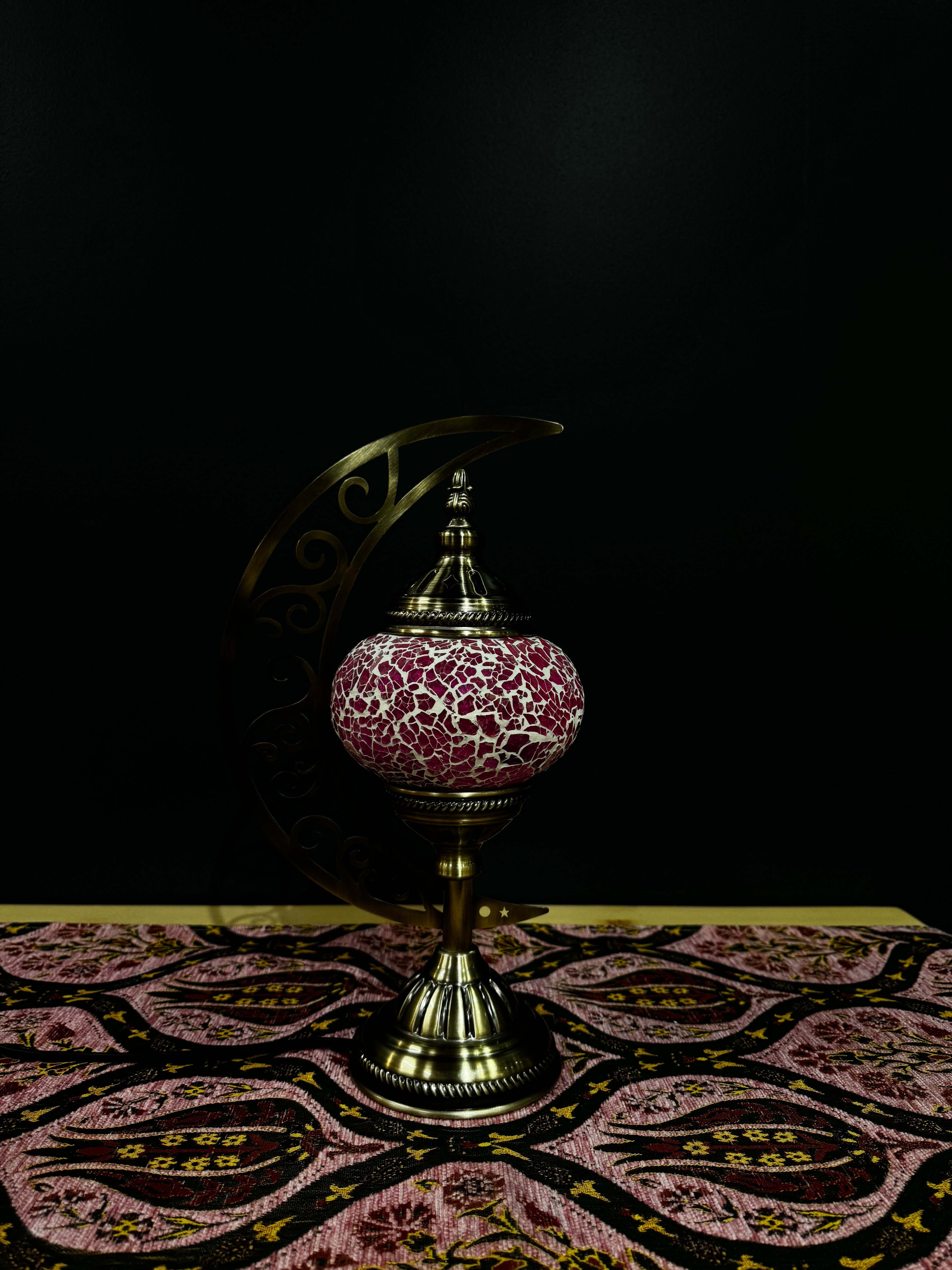 Rosy Glow Turkish Mosaic Lamp - Crescent Moon Design