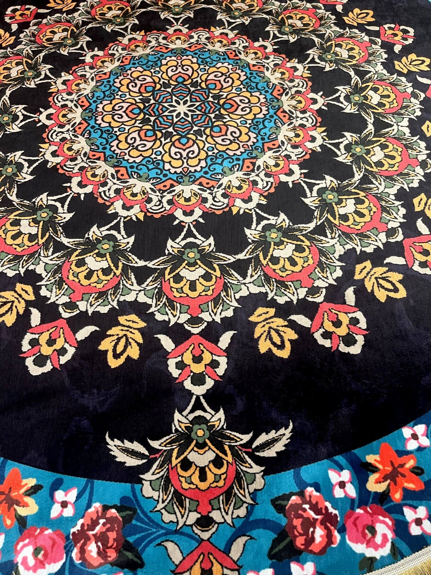 Round Turkish Rugs Colourful- Black-Flowers