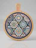 Round Wooden Serving Board 30cm featuring vibrant Turkish tile designs on a natural wood base.