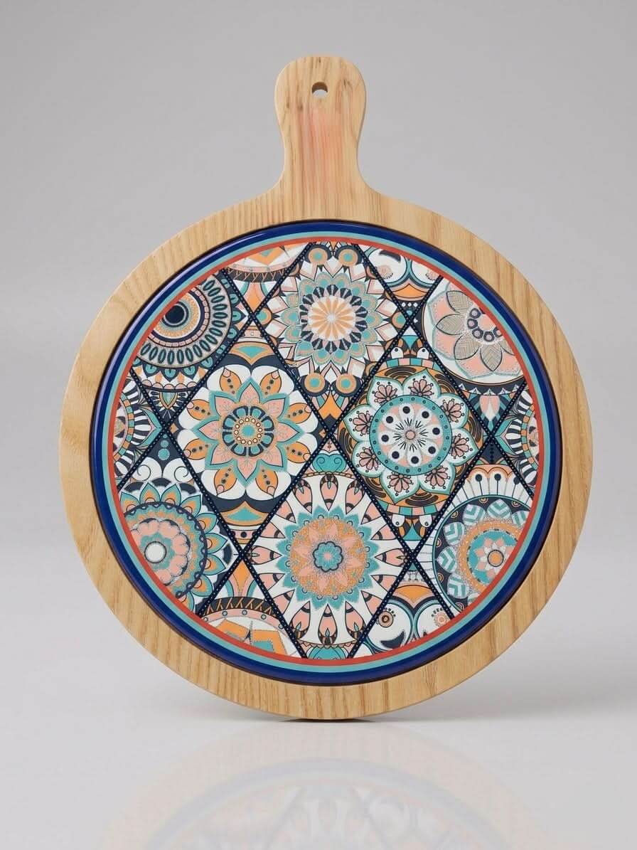 Round Wooden Serving Board 30cm featuring vibrant Turkish tile designs on a natural wood base.