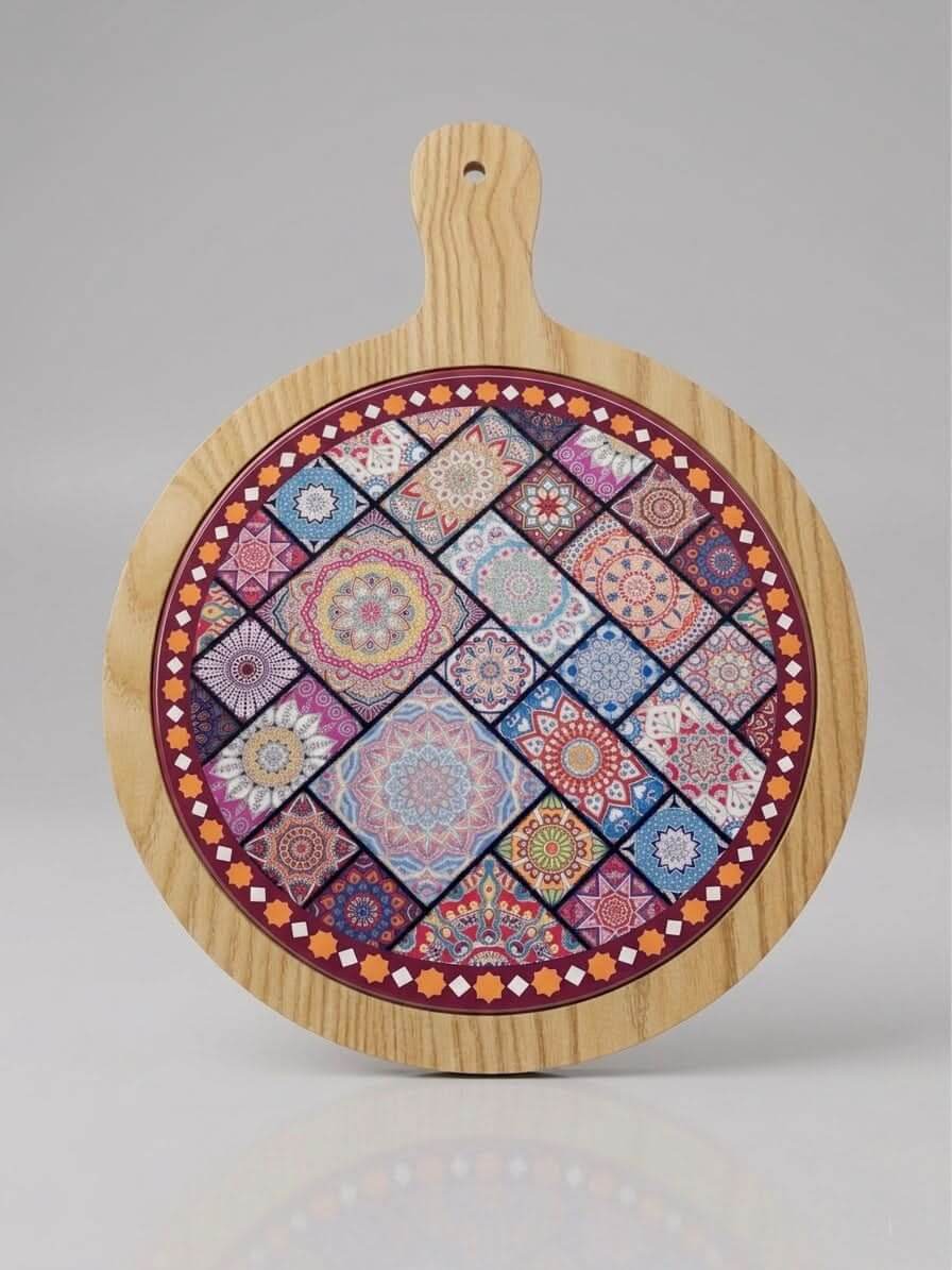Round Wooden Serving Board 30cm with vibrant Turkish tile design and natural wood finish.