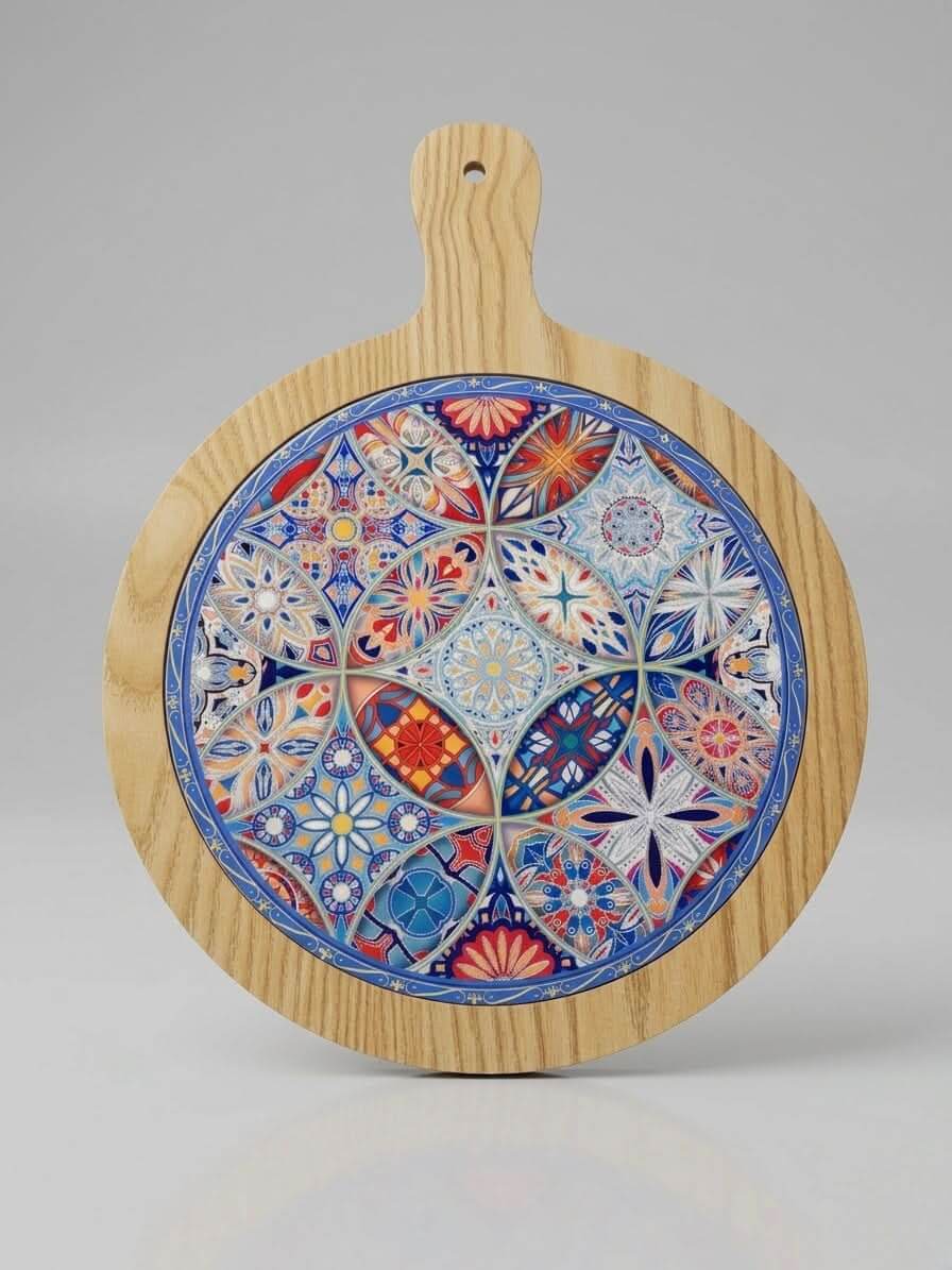 Round Wooden Serving Board 30cm featuring vibrant Turkish tile design on a natural wood base.