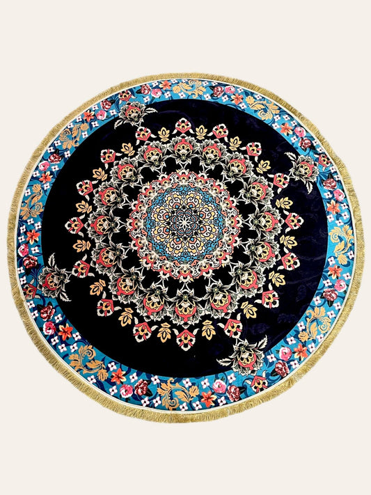 Round Turkish Rugs Colourful- Black-Flowers