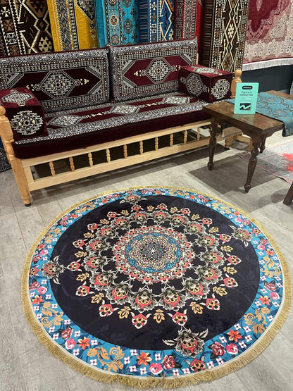 Round Turkish Rugs Colourful- Black-Flowers Round Rug   