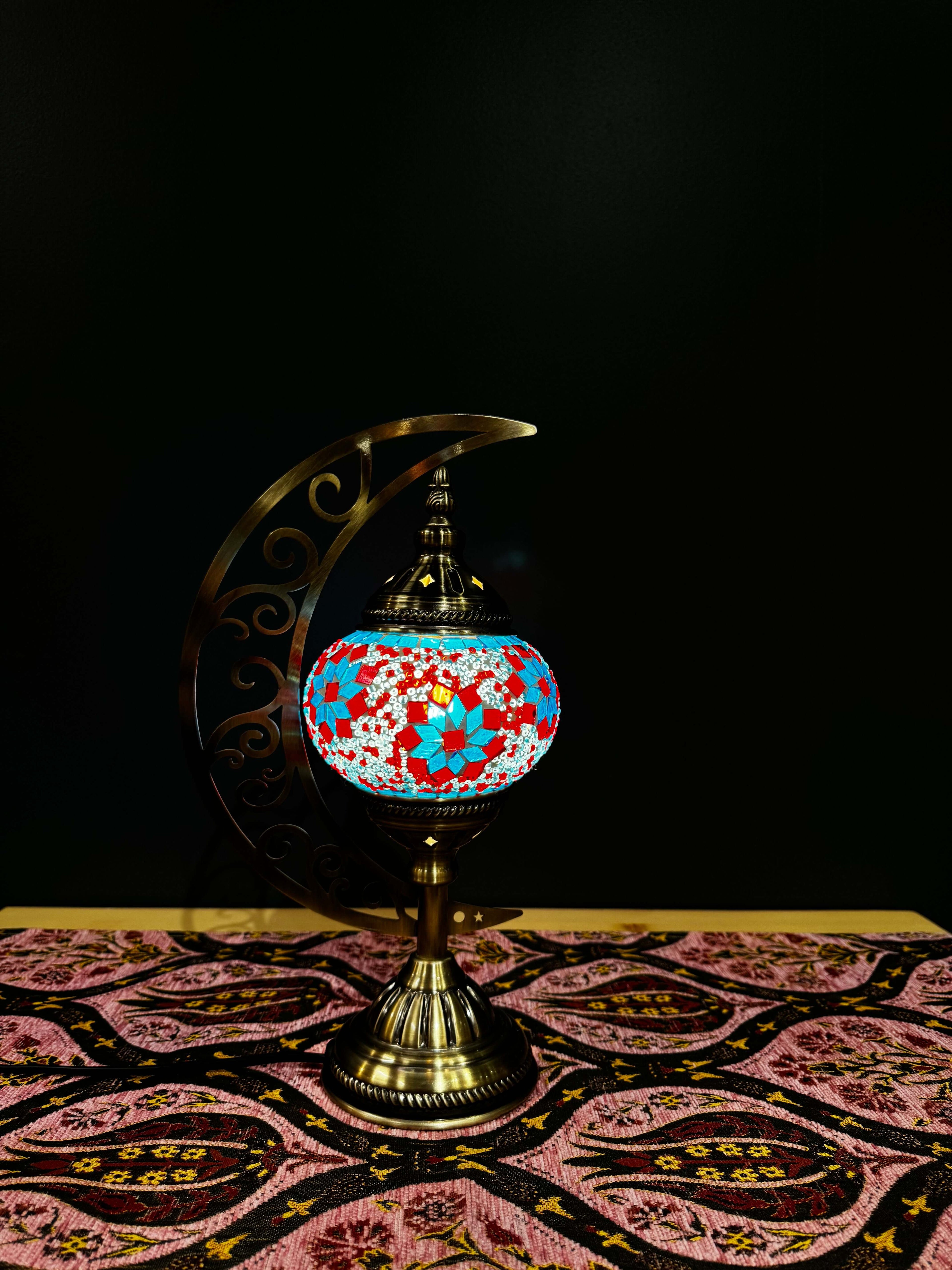 Ruby Blossom Turkish Mosaic Lamp - Crescent Moon Design