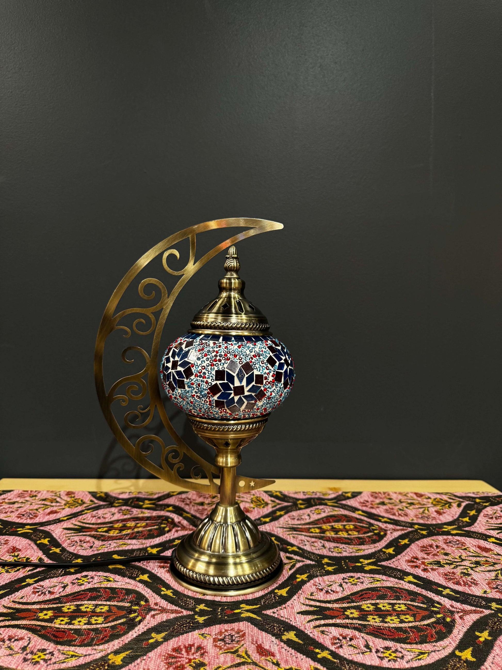 Ruby Blossom Turkish Mosaic Lamp - Crescent Moon Design