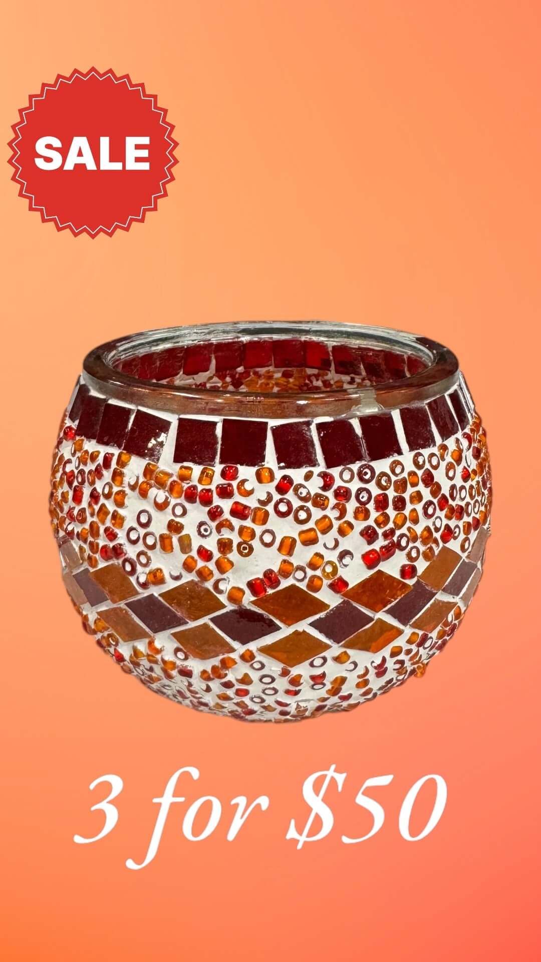 Ruby Glow Mosaic Candle Holder-Enhance your decor with the Ruby Glow Mosaic Candle Holder. Rich red and amber tones create a warm ambiance. Get 3 for $50 today!-Bazaar G Rugs N Gifts