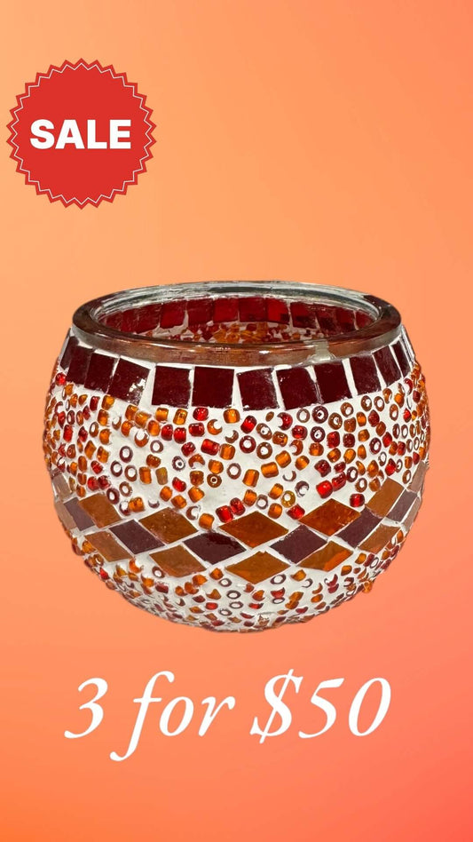 Ruby Glow Mosaic Candle Holder-Enhance your decor with the Ruby Glow Mosaic Candle Holder. Rich red and amber tones create a warm ambiance. Get 3 for $50 today!-Bazaar G Rugs N Gifts