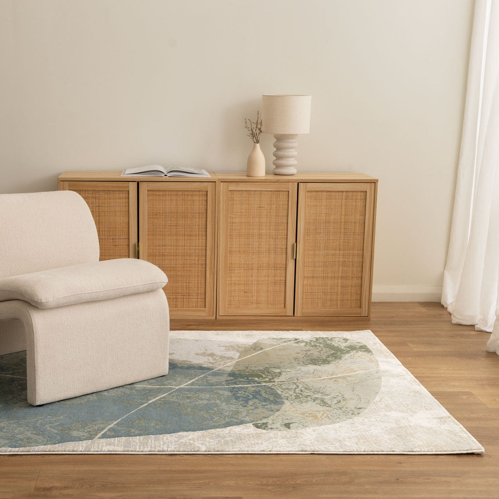 Sena S001 Green Abstract Rug styled with furniture