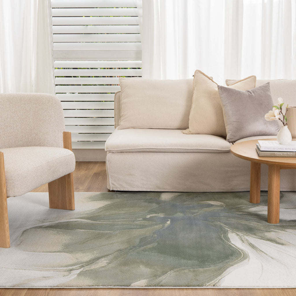 Sena S004 Green Abstract Rug styled with furniture