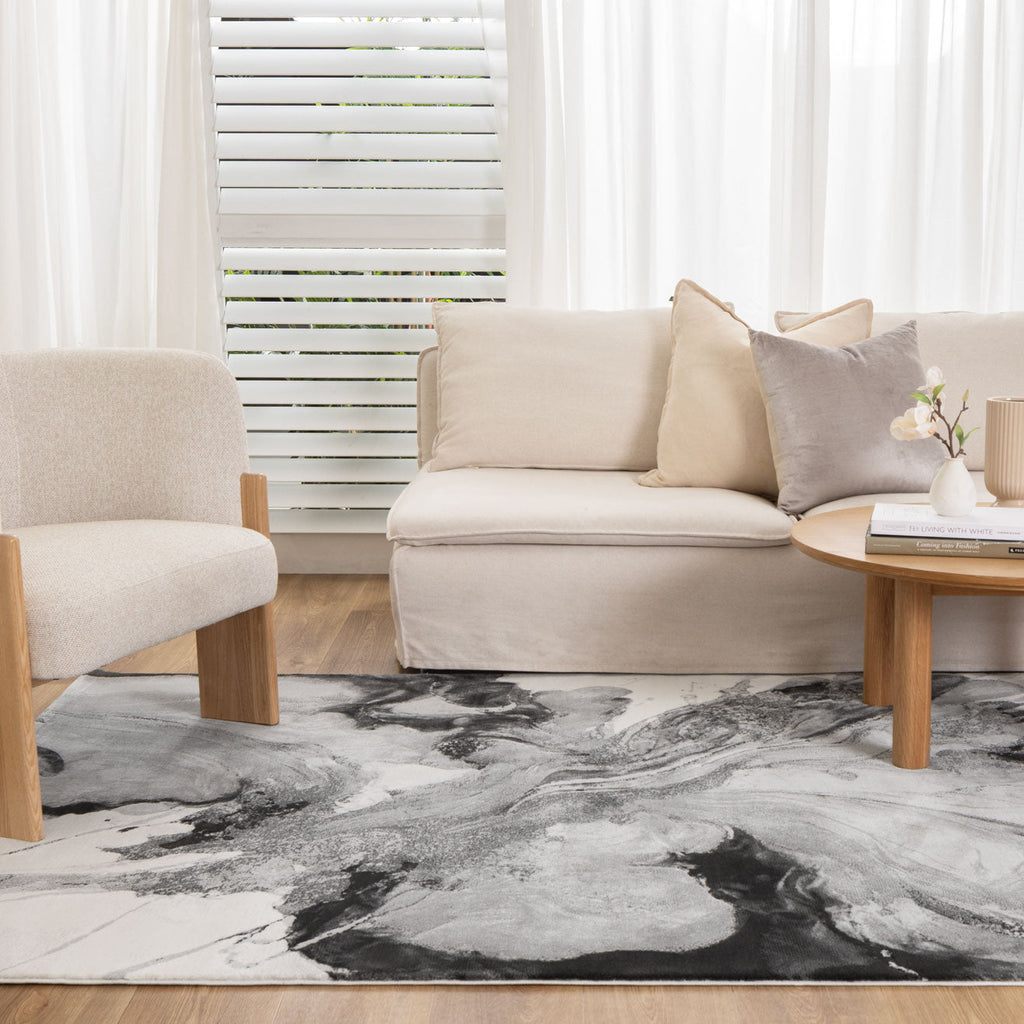 Sena S007 Grey Abstract Rug styled with furniture