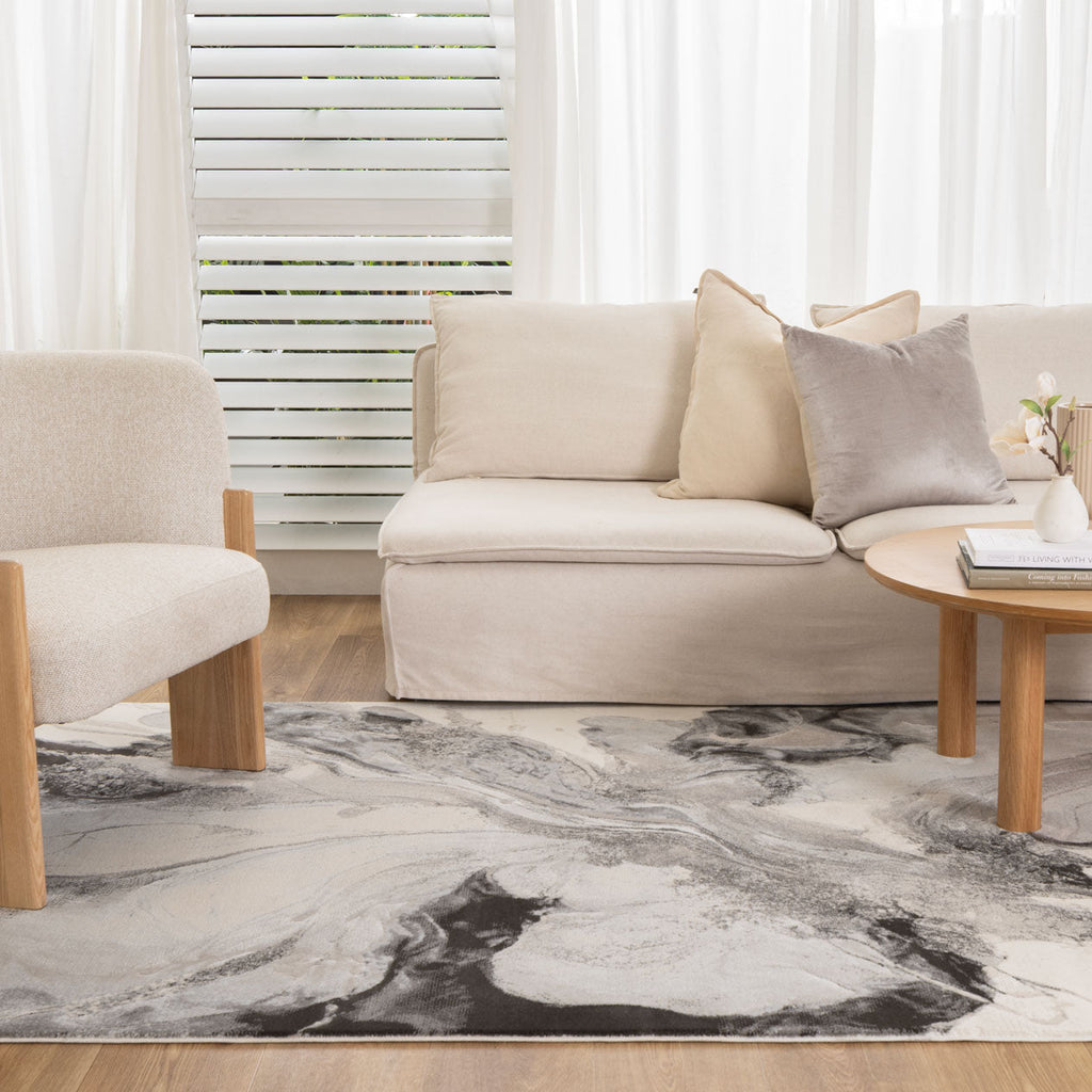 Sena S008 Beige Grey Abstract Rug styled with furniture