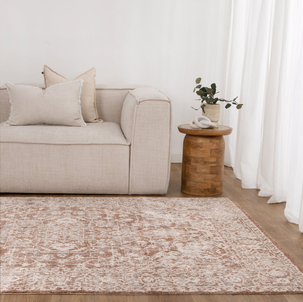 Solenne Beige & Rust Distressed Vintage Rug - S200 styled with furniture