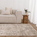 Solenne Cream & Olive Distressed Medallion Vintage Rug - S600 styled with furniture