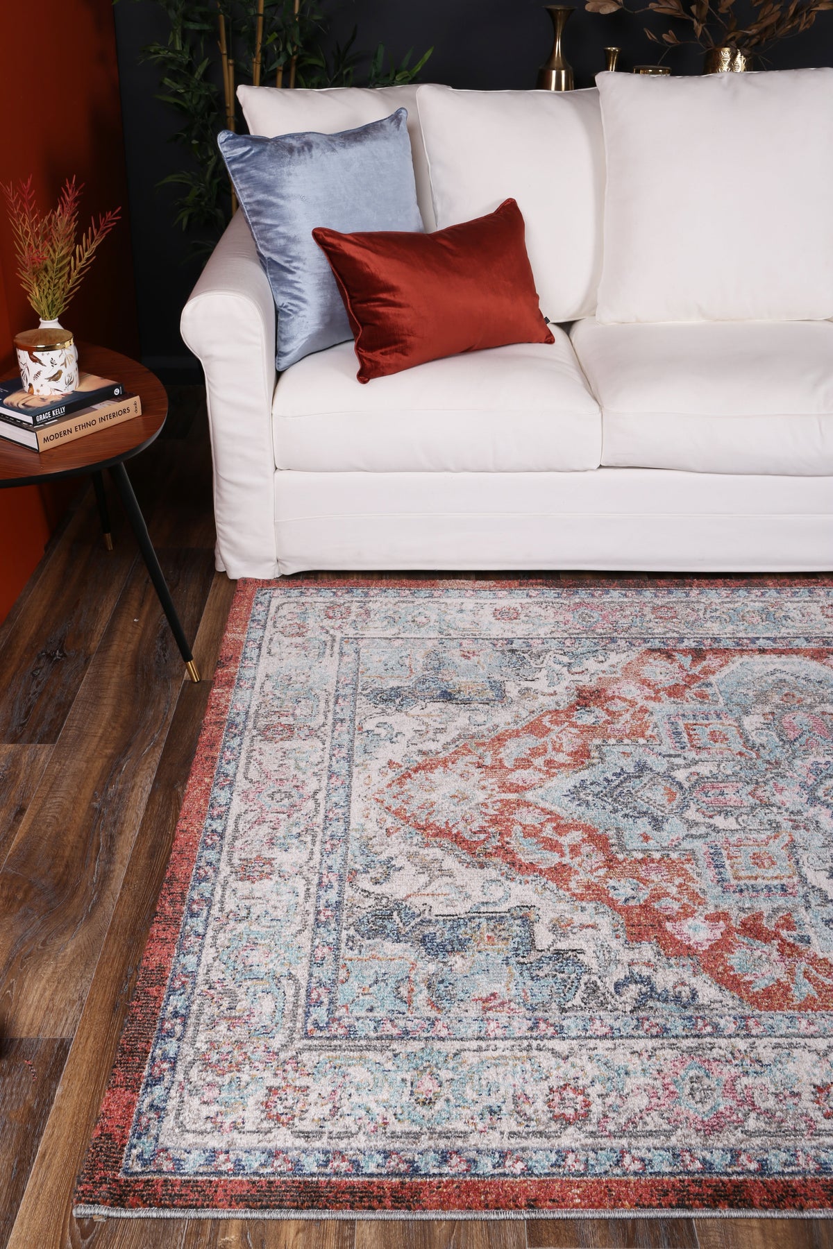 Salsa Seo Terracotta & Ivory Transitional Rug - SALS06 styled with furniture