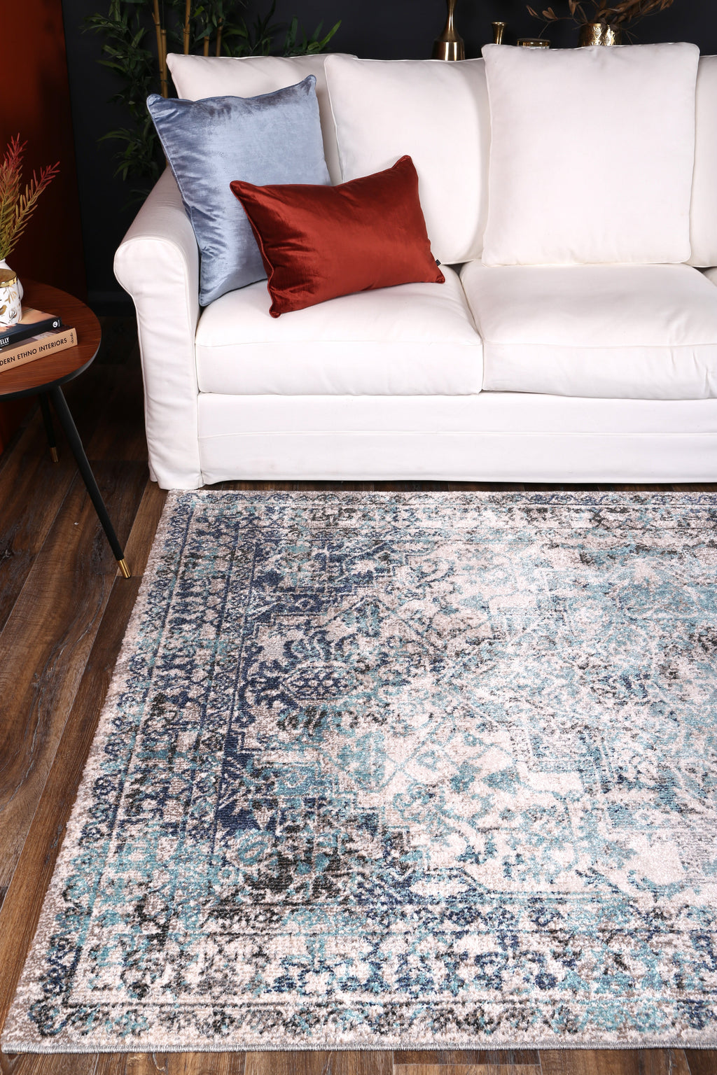 Salsa Adrianita Ivory & Blue Transitional Rug - SALS07 styled with furniture
