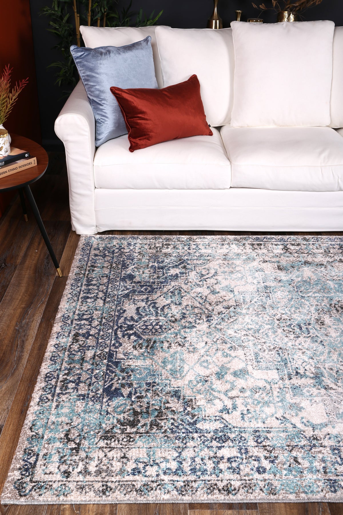 Salsa Adrianita Ivory & Blue Transitional Rug - SALS07 styled with furniture