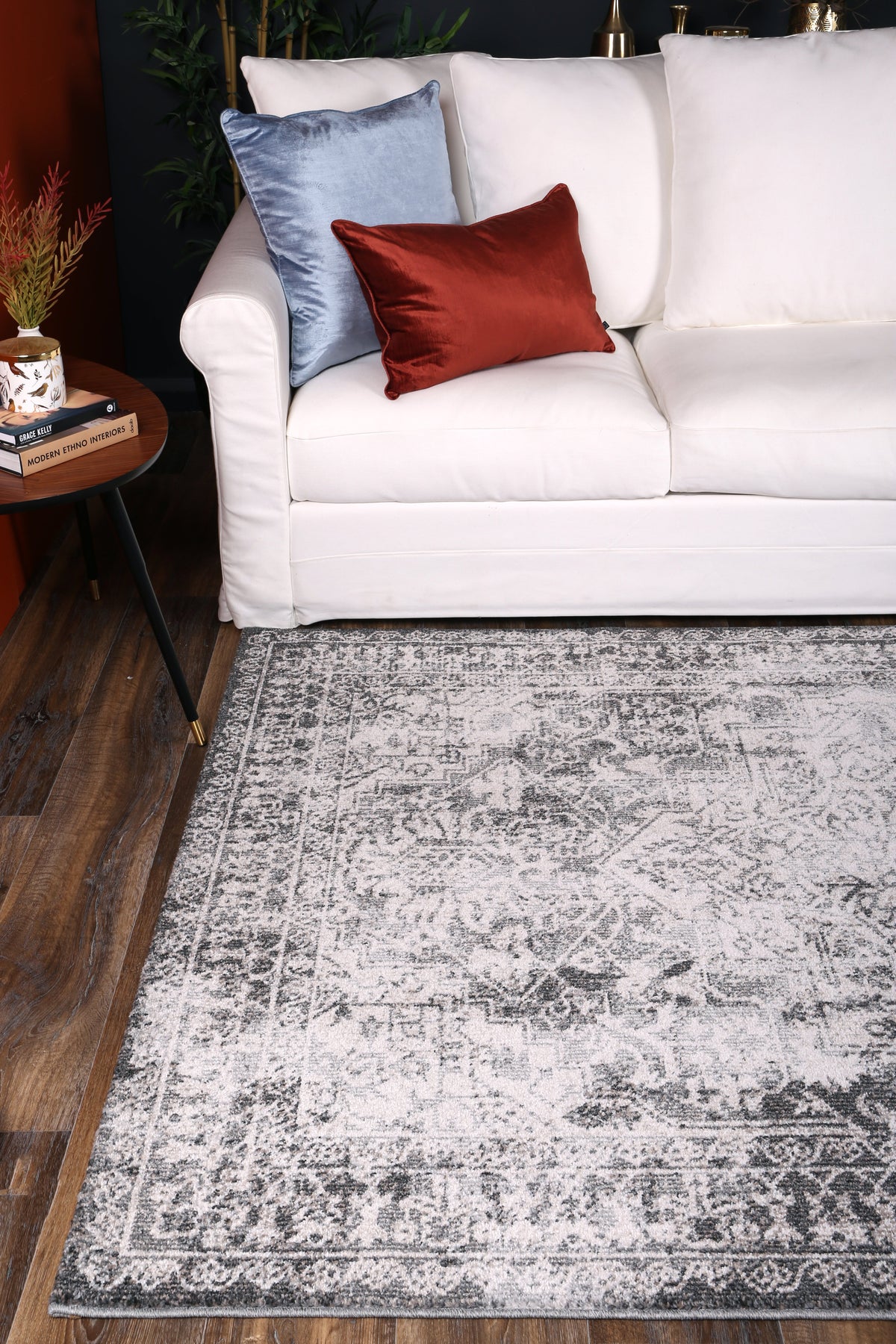 Salsa Carine Ivory & Grey Transitional Rug - SALS08 styled with furniture