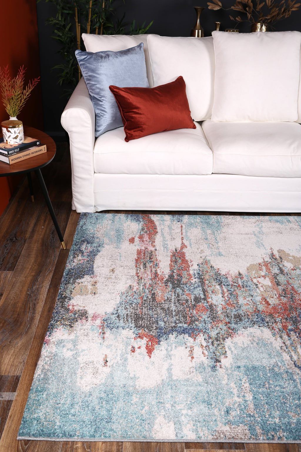 Salsa Jorge Blue & Terracotta Abstract Rug - SALS10 styled with furniture
