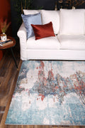 Salsa Jorge Blue & Terracotta Abstract Rug - SALS10 styled with furniture