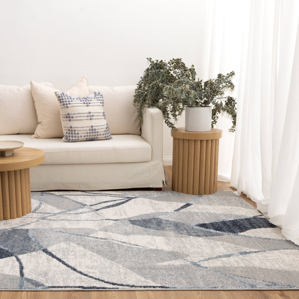 Santana Rhythm Grey Blue Rug - SANTA07 styled with furniture
