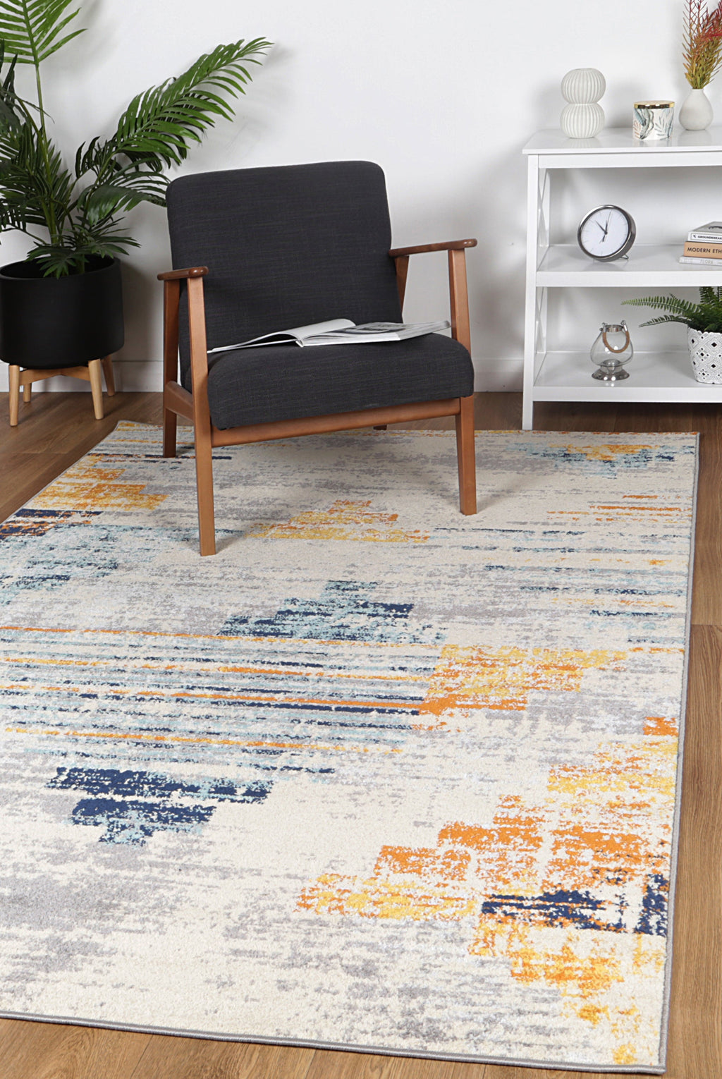 Sicily Noto Blue & Yellow Contemporary Rug - 02 styled with furniture