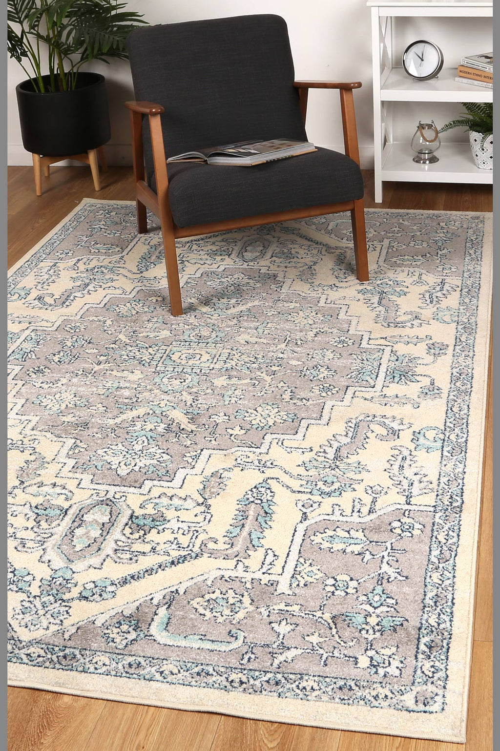 Sicily Avola Grey & Blue Transitional Rug - 03 styled with furniture