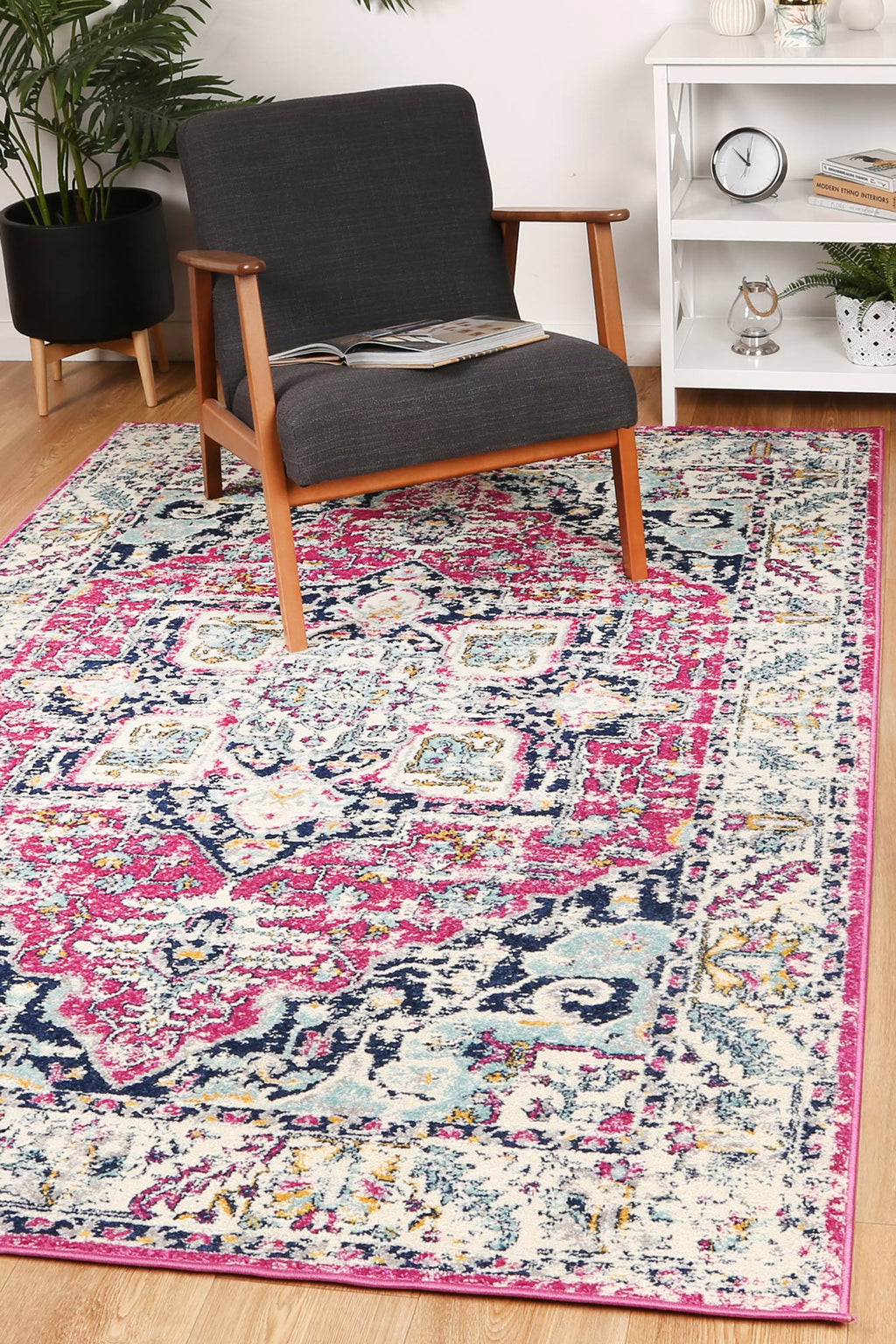 Sicily Carleone Pink & Blue Transitional Rug - 08 styled with furniture