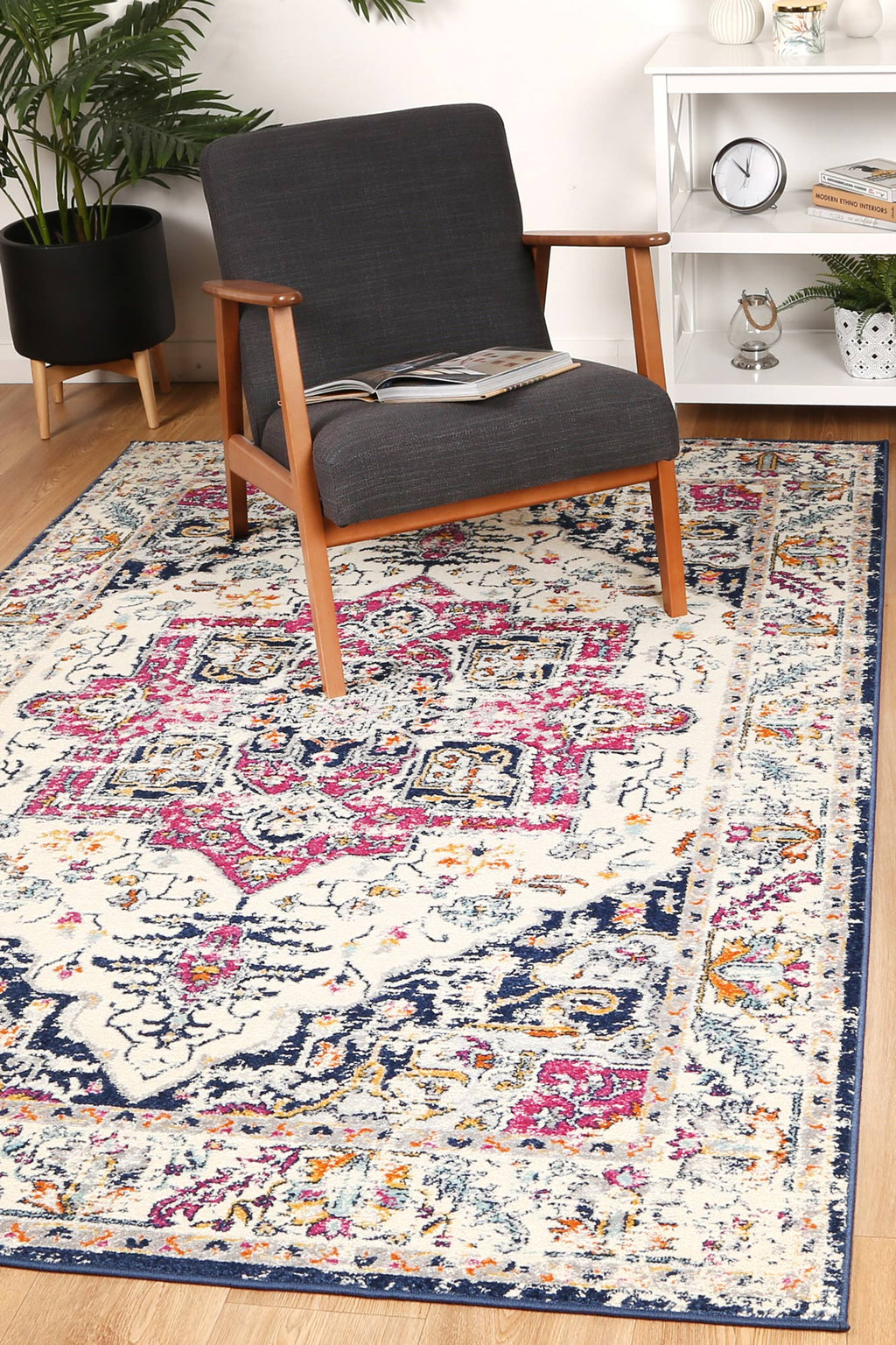 Sicily Nicosia Navy & Pink Transitional Rug - 09 styled with furniture