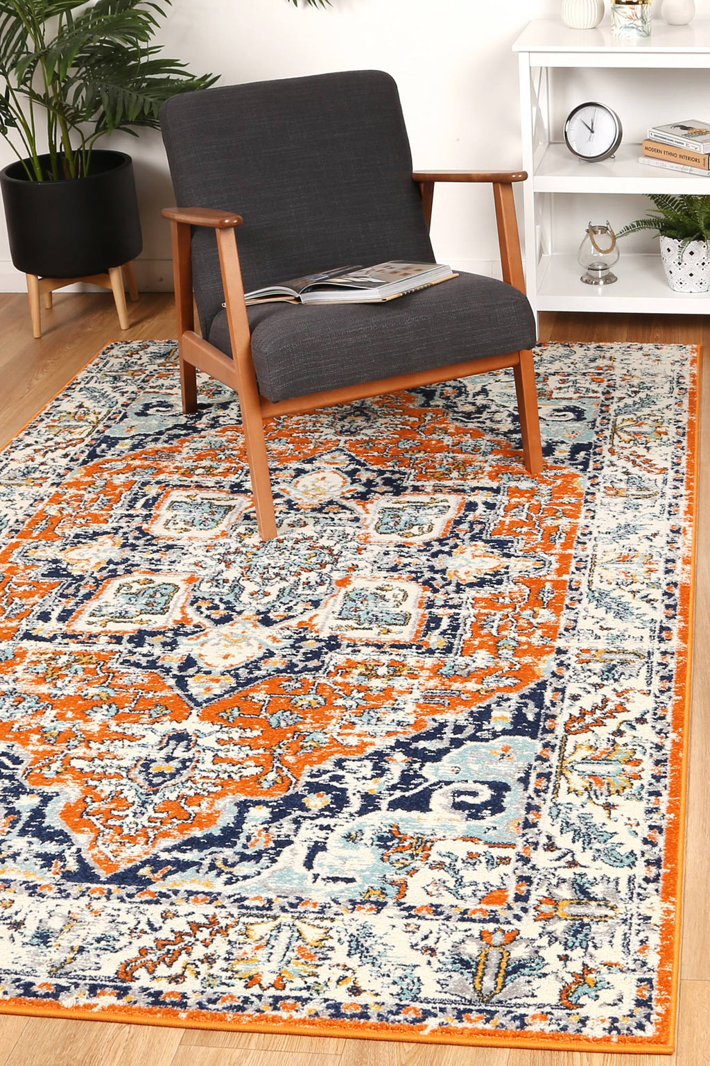 Sicily Messina Orange & Blue Transitional Rug - 12 styled with furniture