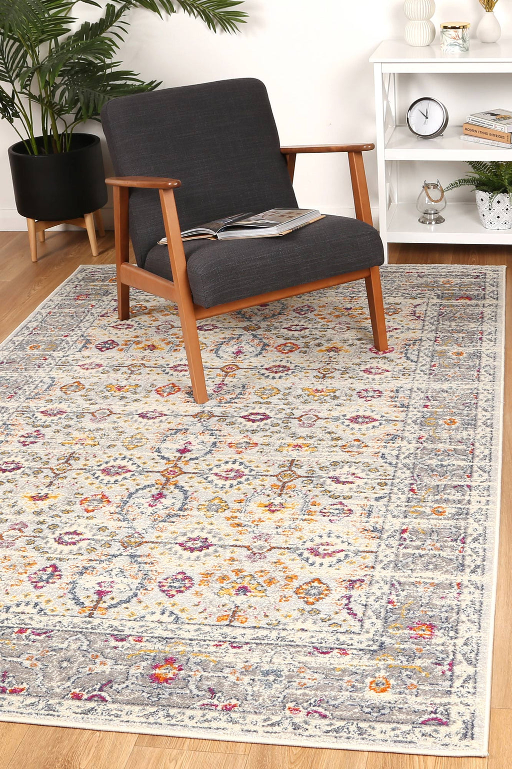 Sicily Ferla Grey & Multi Transitional Rug - 13 styled with furniture
