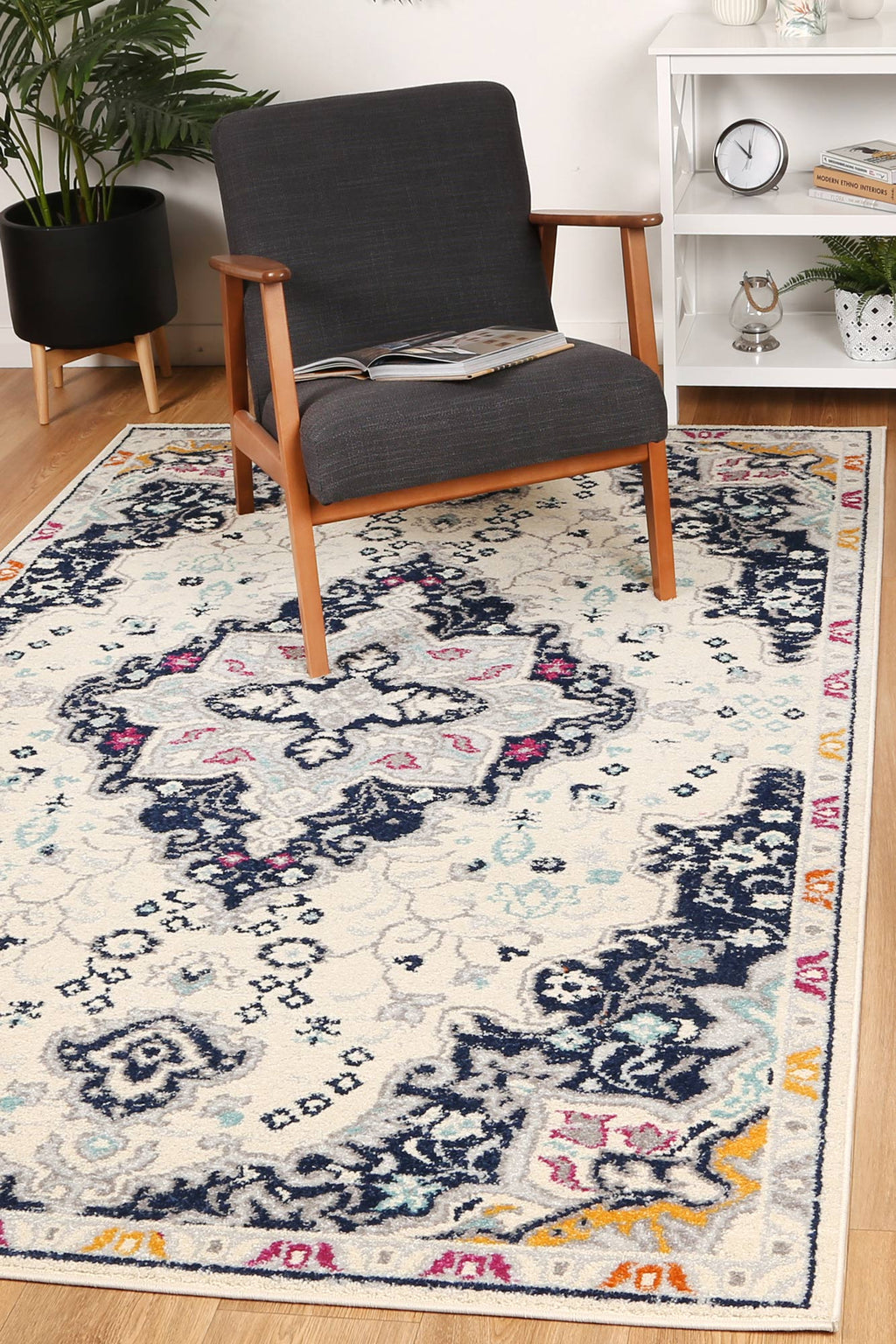 Sicily Acate Ivory & Multi Transitional Rug - 15 styled with furniture