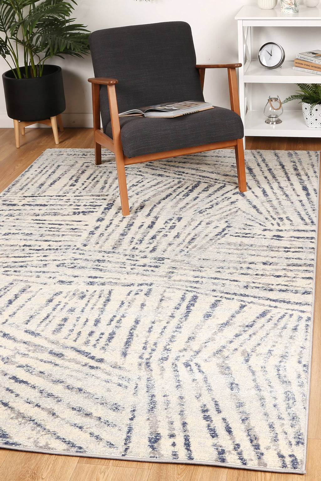Sicily Ferraro Ivory & Blue Geometric Rug - 16 styled with furniture