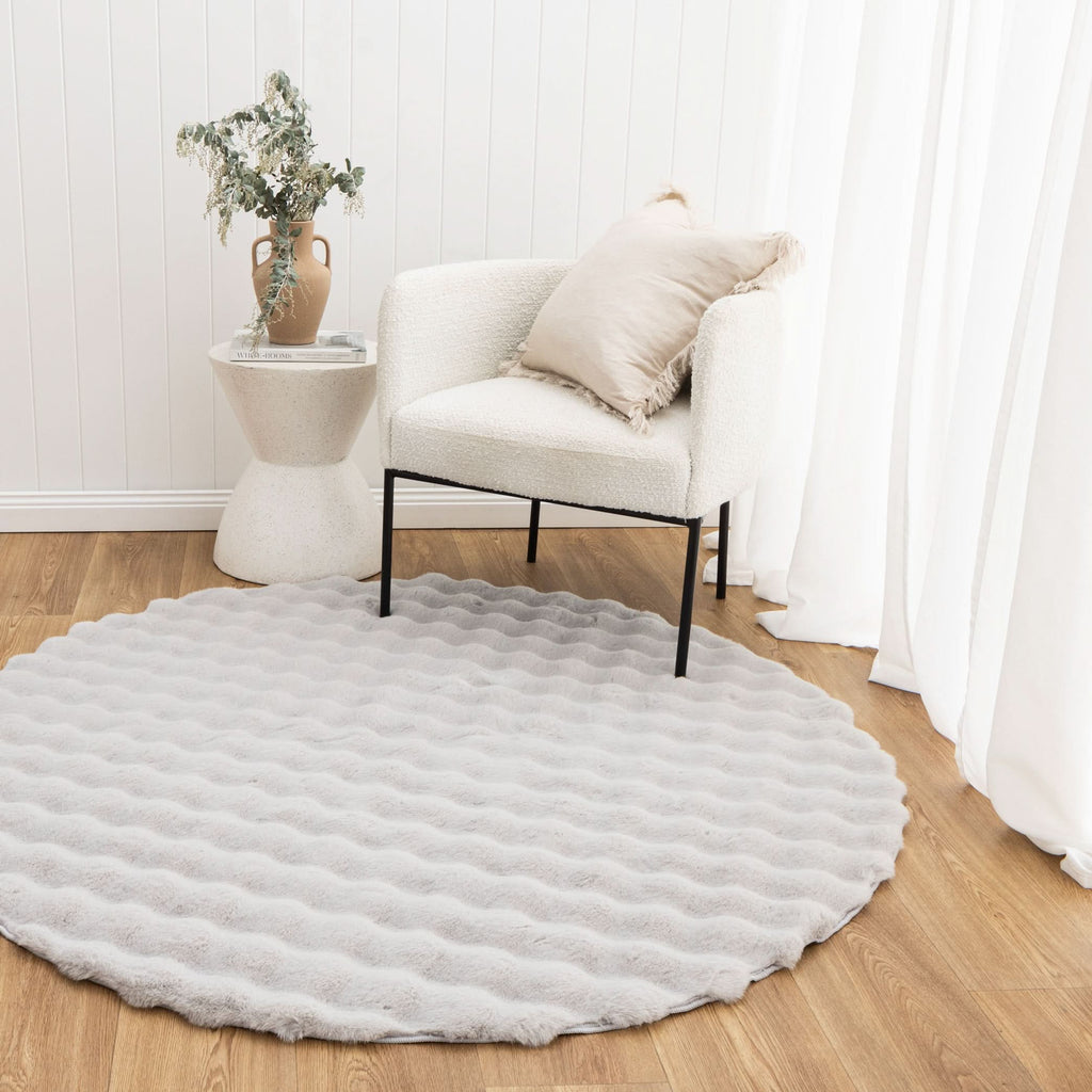 Purity Washable Round Rug Silver styled with furniture