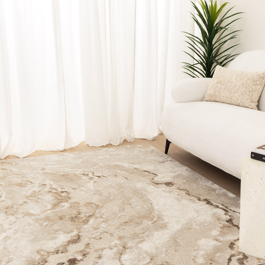 Halo SKY64 Beige Marble Abstract Rug styled with furniture