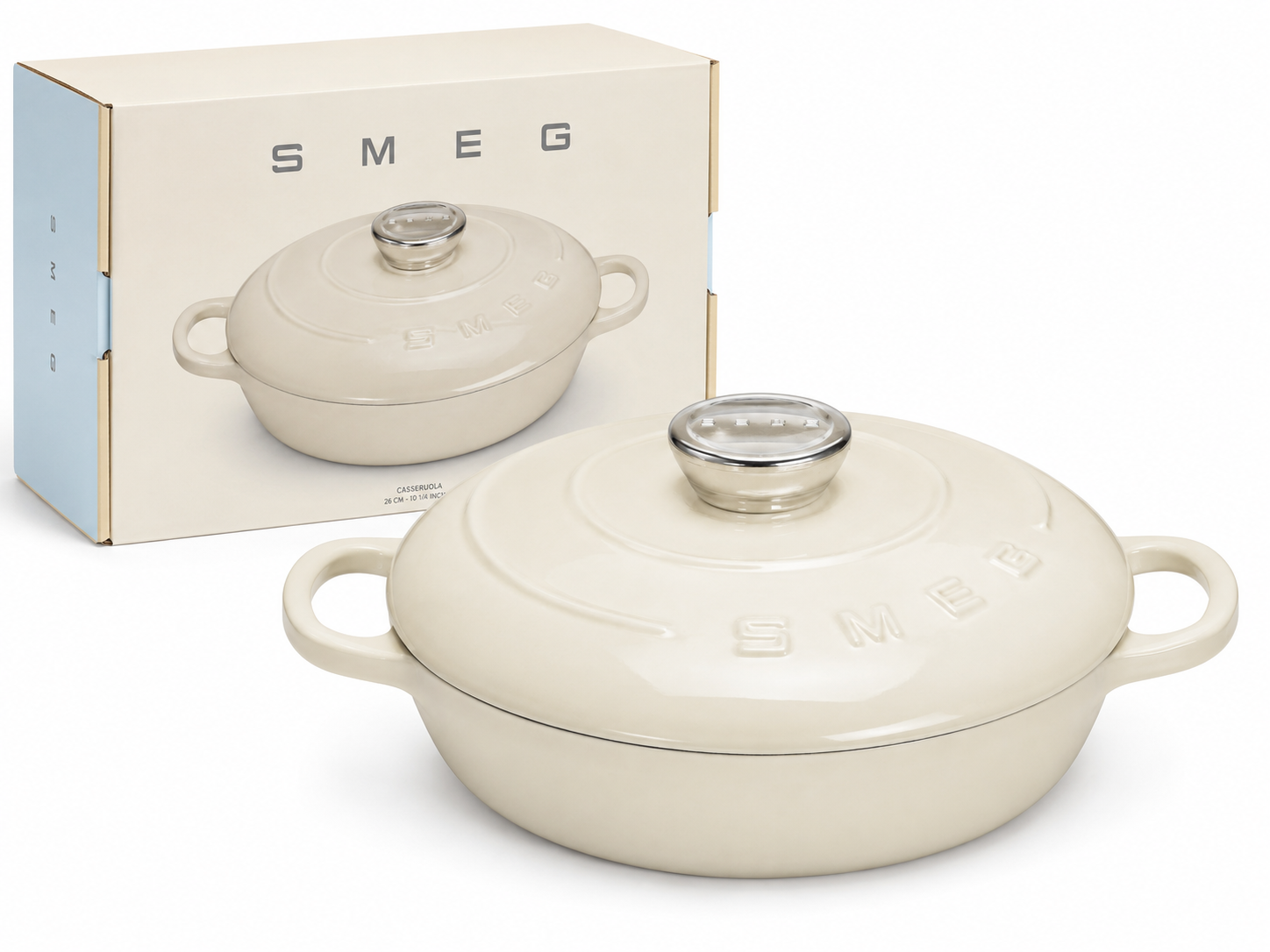SMEG 26cm cast iron casserole pot with lid in cream color, showcasing its premium design and packaging.