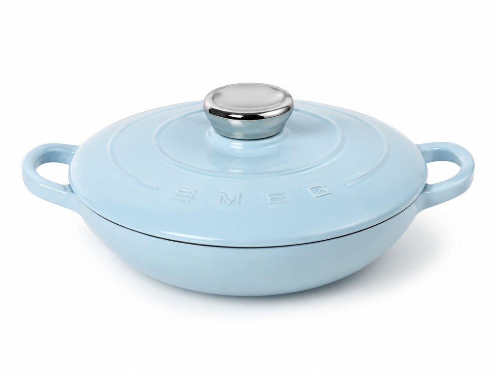 SMEG Cast Iron Braiser 26cm Light Blue Enamel Cookware featured in light blue cast iron braiser.