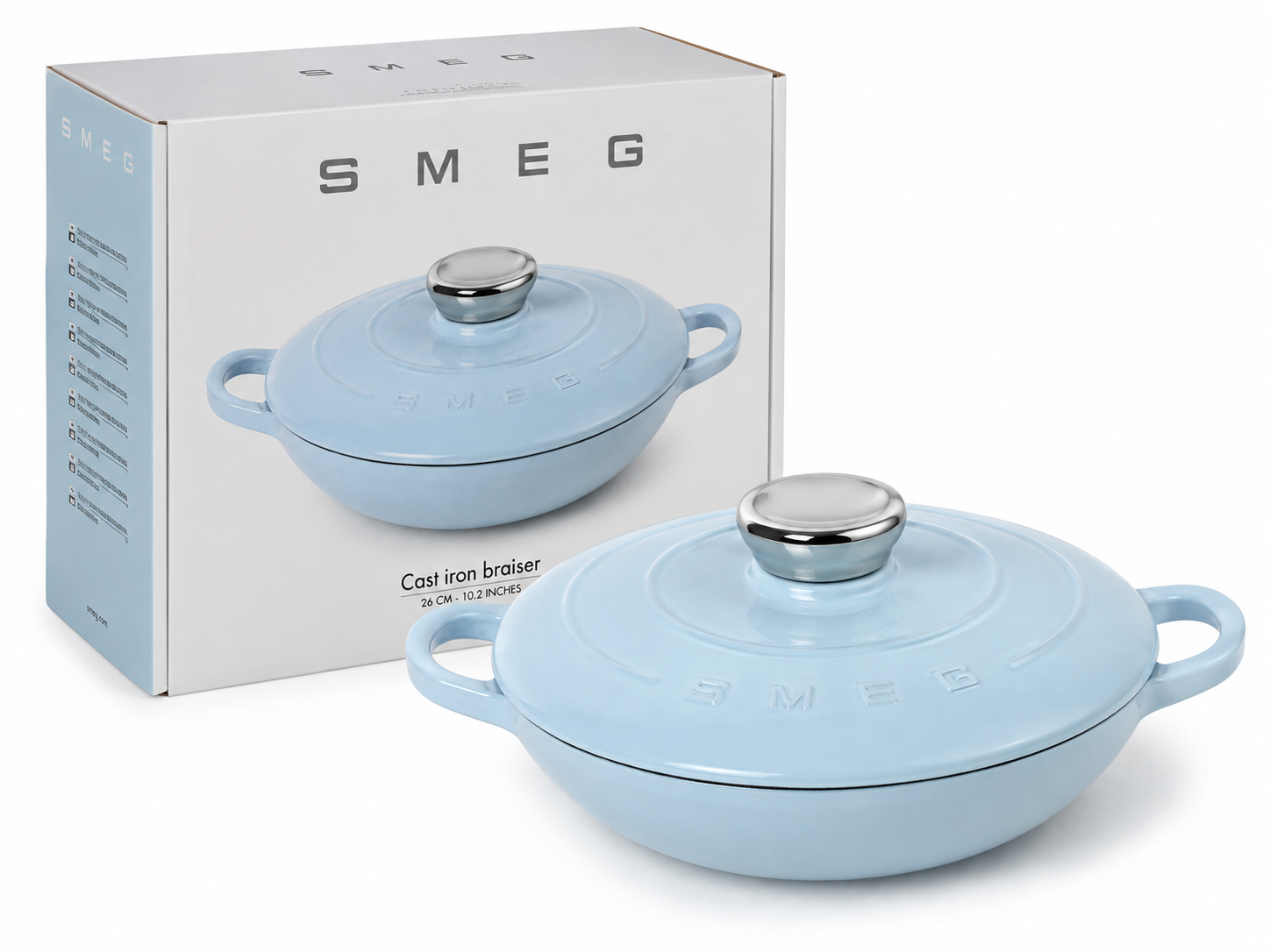 SMEG Cast Iron Braiser 26cm in light blue, showcases durable enamel cookware ideal for various cooking methods.